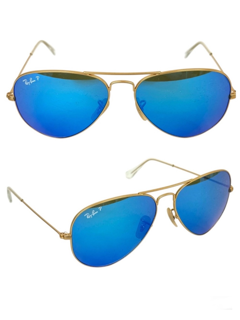 RAY BAN Polarized Sunglasses NEW RB3025 Aviator Large Metal Flash Lens Blue Gold